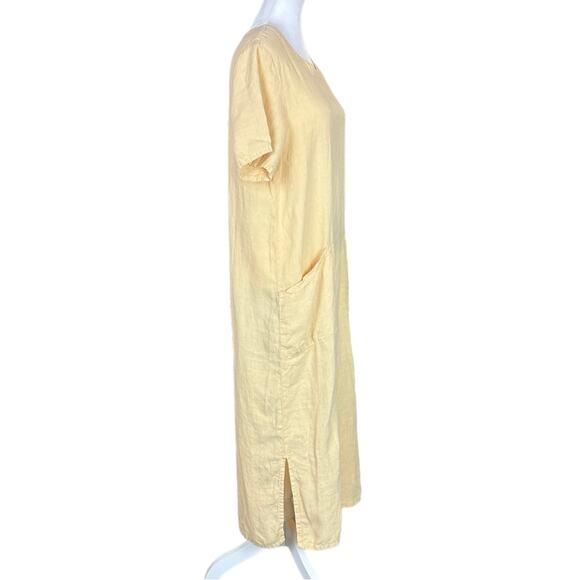 Russ Berens Linen Shift Dress Lagenlook Yellow Size XS Oversized Hand Colored - Picture 3 of 8